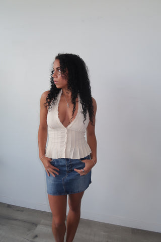 Cream Lace Trim V-Neck Halter Top