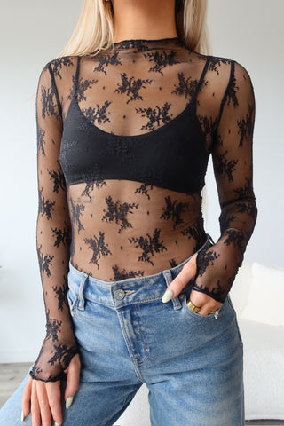 Black Sheer Lace Mock Neck Long Sleeve