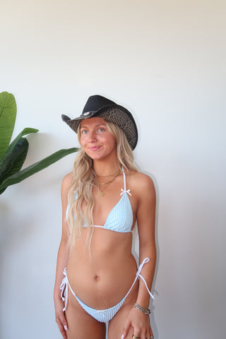 Blue Gingham Triangle Tie Bikini Top With Bows