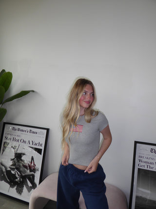 Heather Grey American Flag Embroidered Baby Tee