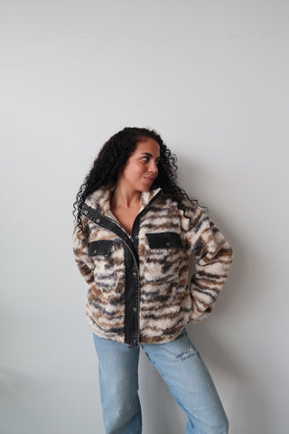 Contrast Denim Printed Sherpa Zip Up