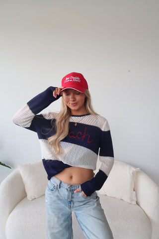 “Beach” Striped Crochet Long Sleeve