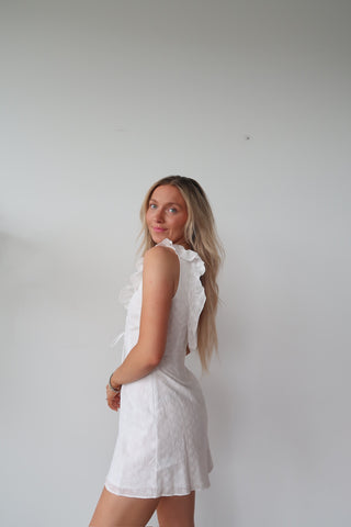 White Dress With Ruffle And Tie Detail