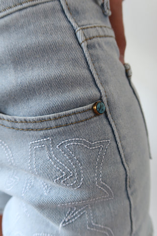 Western Embroidery High Waisted Shorts - Light Denim