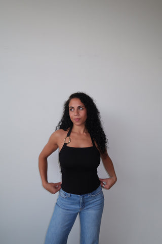 Black Halter Neck Tank Top With Gold Ring