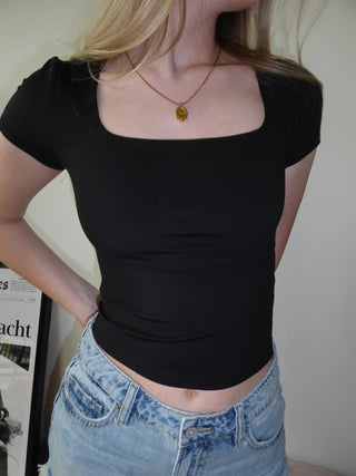 Black Square Neckline Short Sleeve Top