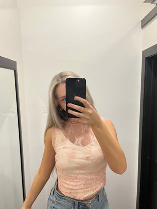 Pink Sheer Lace Sleeveless Mock Neck