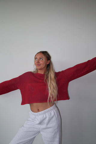 Cropped Red Star Mesh Long Sleeve