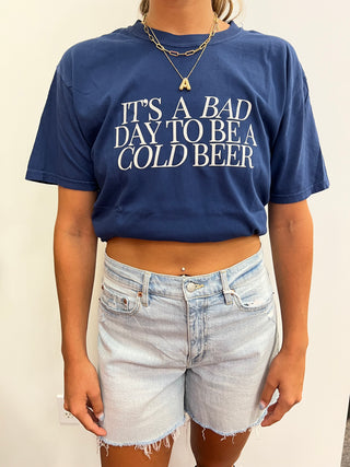“It’s A Bad Day To Be A Cold Beer” Navy Oversized Tee Shirt