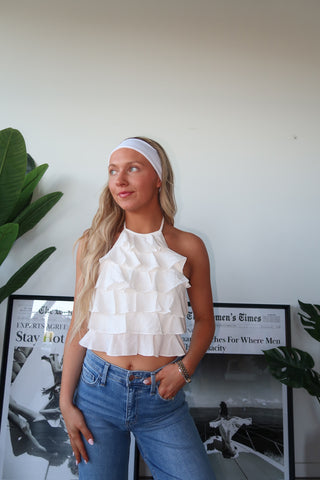 Ruffled Halter Top With Open Back Ties