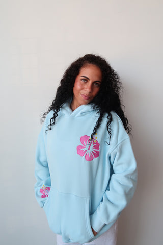 Icy Blue Hibiscus Flower Beach Babe Embroider Hoodie