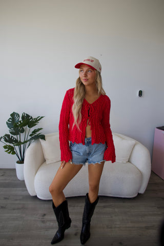Berry Red Front Tie Open Knit cardigan