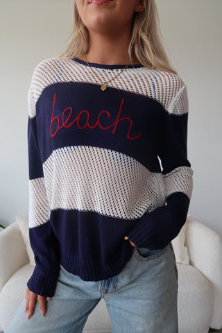 “Beach” Striped Crochet Long Sleeve