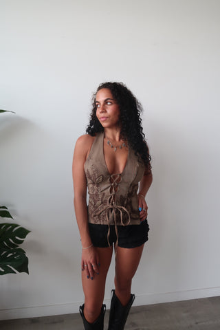 Brown Embroidered Floral Open Back Tank Top