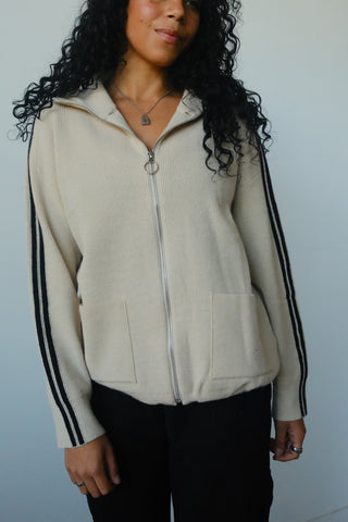 Tan Side Stripe Zip Up Sweater
