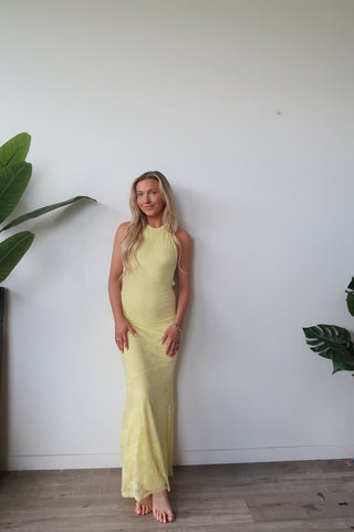 Yellow Lace Halter Neck Open Back Maxi Dress