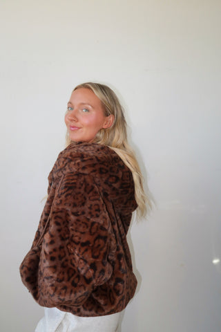 Faux Fur Leopard Zip Up Hoodie