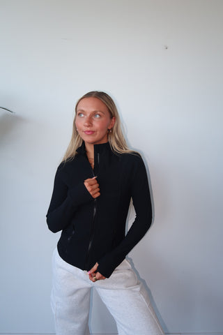 Fitted Black Ribbed Zip Up Jacket