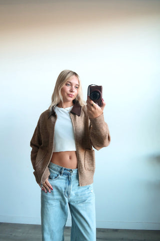 Oatmeal Cardigan Sweater With Leather Collar
