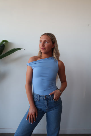 Blue One Shoulder Twist Top