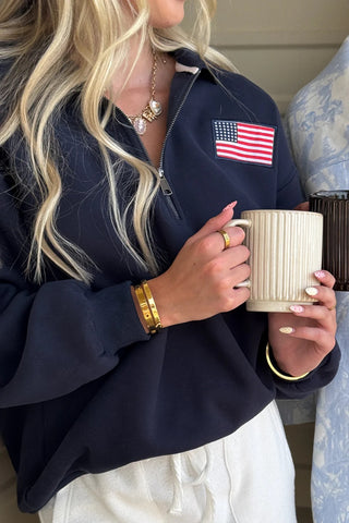 Navy Happy Camper Flag Quarter Zip Fleece