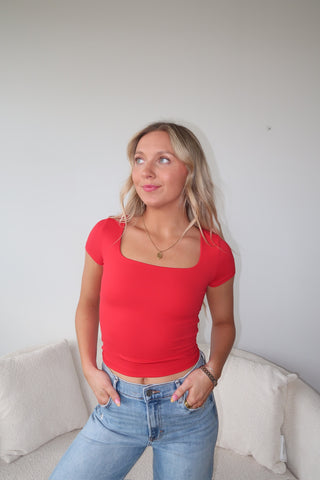 Red Square Neckline Short Sleeve Top