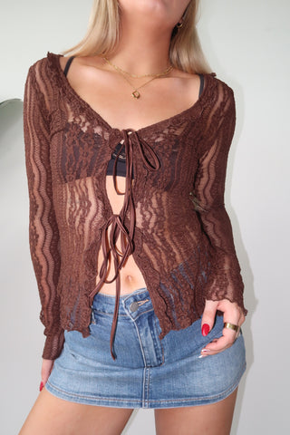 Brown Front Tie Floral Sheer Long Sleeve