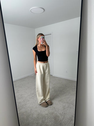 Long Ecru Staple Wide Leg Sweatpants
