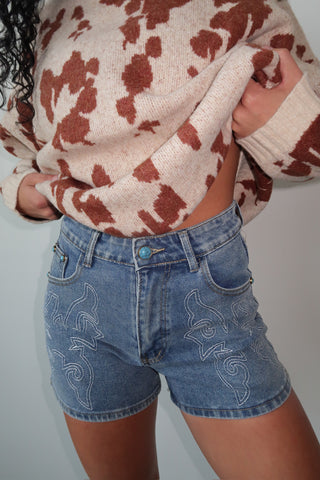 Western Embroidery Shorts - Dark Denim