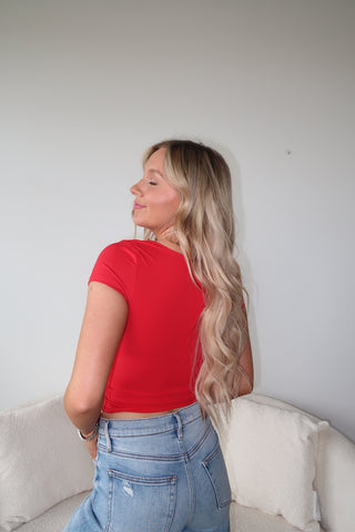 Red Square Neckline Short Sleeve Top