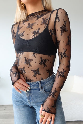 Black Sheer Lace Mock Neck Long Sleeve
