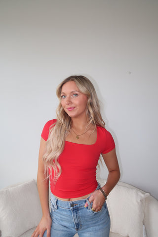 Red Square Neckline Short Sleeve Top