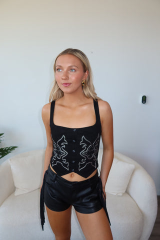 Black Button Front Detail Western Top