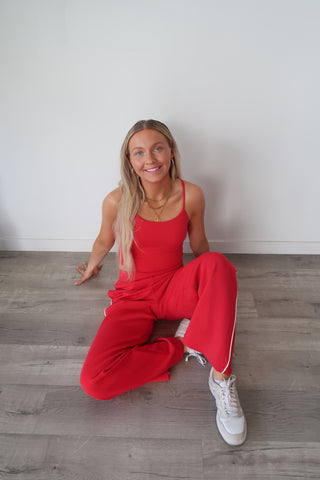 Modal Red Flowy Side Stripe Track Pants