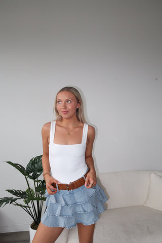 Denim Ruffle Mini Skort With Belt