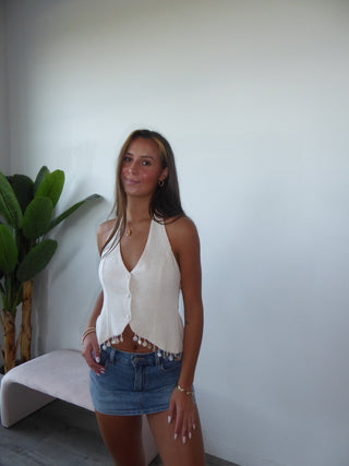 Natural Tailored Tie Open Back Halter Embellished Vest