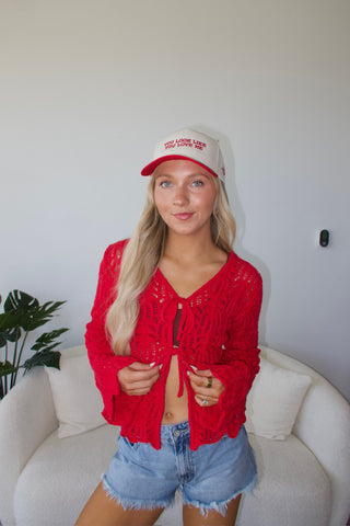 Berry Red Front Tie Open Knit cardigan