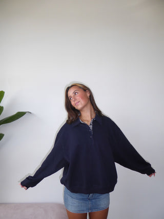 Navy Henley Sweatshirt With Navy Gingham Inside