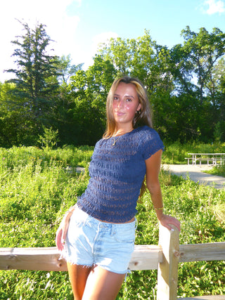 Navy Mesh Short Sleeve Top