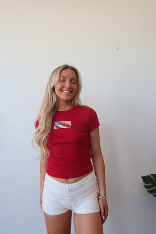 Red American Flag Embroidered Baby Tee