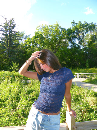 Navy Mesh Short Sleeve Top