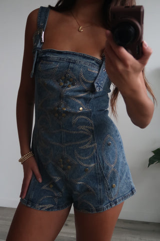 Washed Western Buckle embroidered Romper