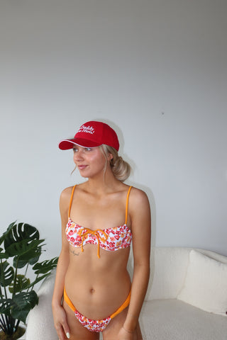 Red And Orange Floral Front Tie Bikini Top