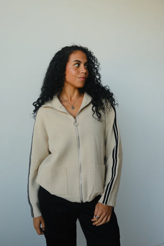 Tan Side Stripe Zip Up Sweater