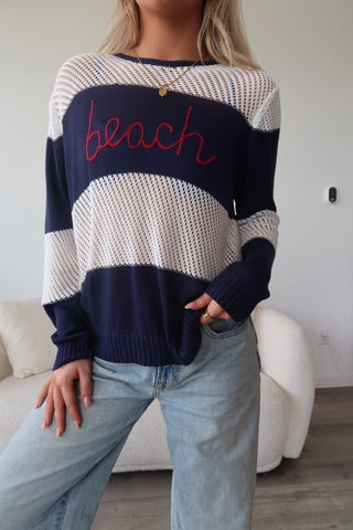“Beach” Striped Crochet Long Sleeve