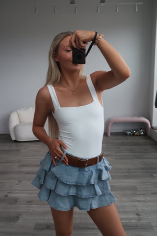 Denim Ruffle Mini Skort With Belt