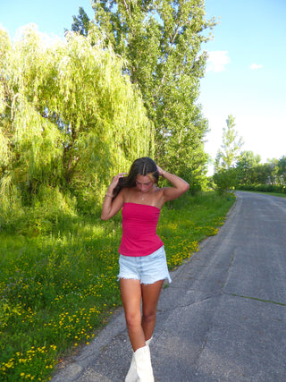 Red Flare Strapless Top