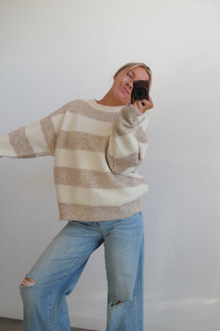Ivory/Tan Striped Textured Sweater