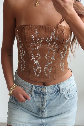 Hazelnut Washed Denim Corset With Rhinestone Embroidery