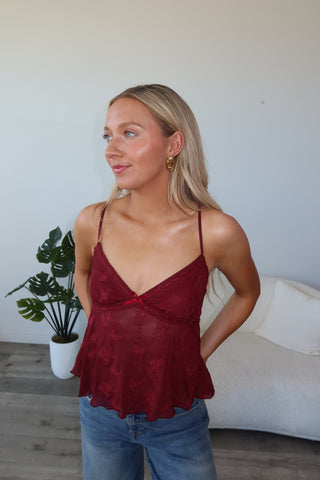 Burgundy Floral Mesh V-Neck Tank Top
